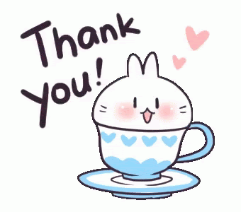 Cartoon rabbit in a teacup, saying thank you